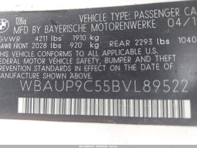 2011 Bmw 128i მანქანა იყიდება აუქციონზე, vin: WBAUP9C55BVL89522, აუქციონის ნომერი: 45969153