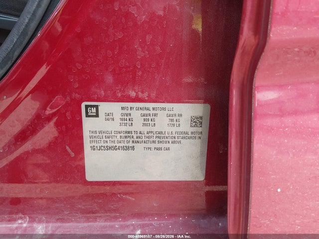 45969157 :رقم المزاد ، 1G1JC5SH5G4163816 vin ، 2016 Chevrolet Sonic Lt Auto مزاد بيع