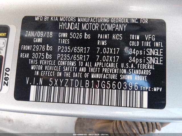 45969185 :رقم المزاد ، 5XYZTDLB1JG560396 vin ، 2018 Hyundai Santa Fe Sport 2.4l مزاد بيع