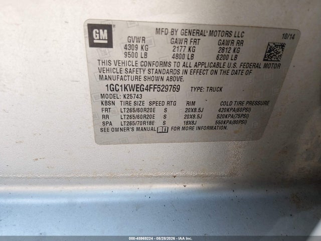 Продаж на аукціоні авто 2015 Chevrolet Silverado 2500hd Built After Aug 14 Ltz, vin: 1GC1KWEG4FF529769, номер лоту: 45969224