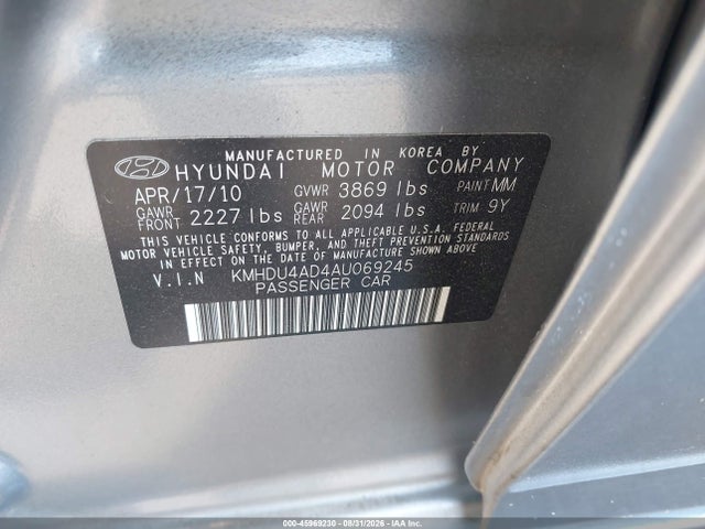 45969230 :رقم المزاد ، KMHDU4AD4AU069245 vin ، 2010 Hyundai Elantra Gls مزاد بيع