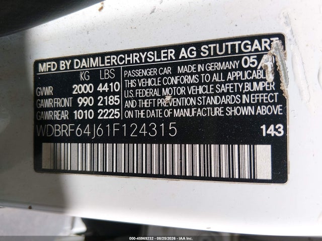 Aukcja sprzedaży 2001 Mercedes-benz C 320, vin: WDBRF64J61F124315, numer aukcji: 45969232
