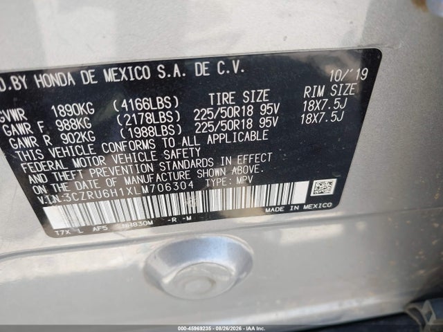 45969235 :رقم المزاد ، 3CZRU6H1XLM706304 vin ، 2020 Honda Hr-v Awd Sport مزاد بيع