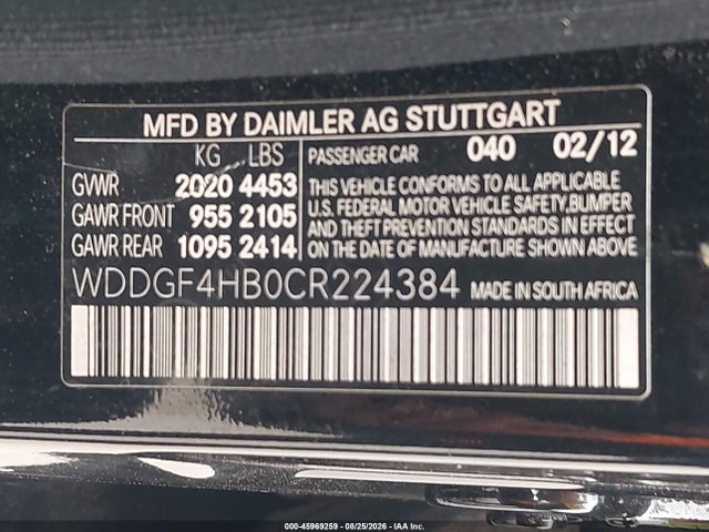 45969259 :رقم المزاد ، WDDGF4HB0CR224384 vin ، 2012 Mercedes-benz C 250 Sport مزاد بيع