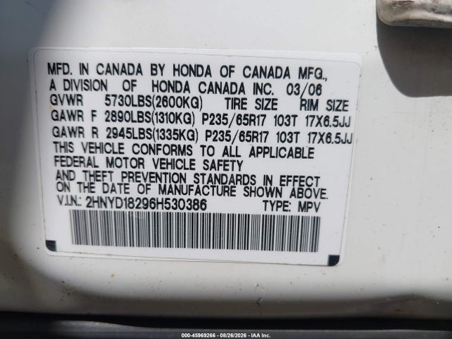 Aukcja sprzedaży 2006 Acura Mdx, vin: 2HNYD18296H530386, numer aukcji: 45969266