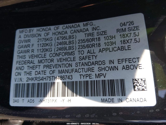 45969272 :رقم المزاد ، 2HKRS4H75TH486743 vin ، 2026 Honda Cr-v Ex-l Awd مزاد بيع