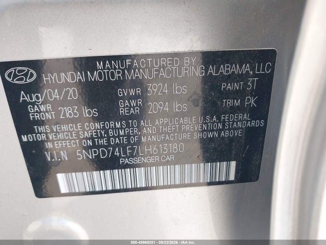 45969281 :رقم المزاد ، 5NPD74LF7LH613180 vin ، 2020 Hyundai Elantra Se مزاد بيع