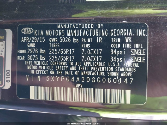 KIA Sorento 2.4l Lx 2016 5XYPG4A30GG060147 Image 9