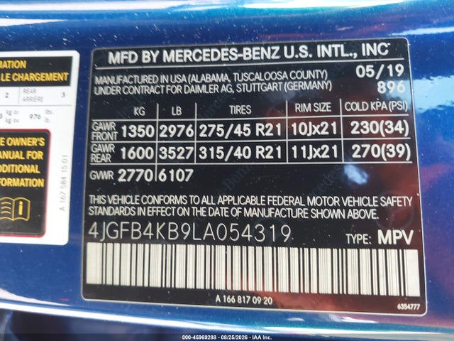 Aukcja sprzedaży 2020 Mercedes-benz Gle 350 4matic, vin: 4JGFB4KB9LA054319, numer aukcji: 45969288