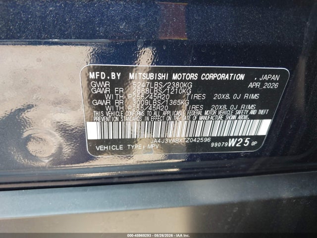 Aukcja sprzedaży 2026 Mitsubishi Outlander Le 2.5 2wd/se 2.5 2wd, vin: JA4J3VABXTZ042596, numer aukcji: 45969293