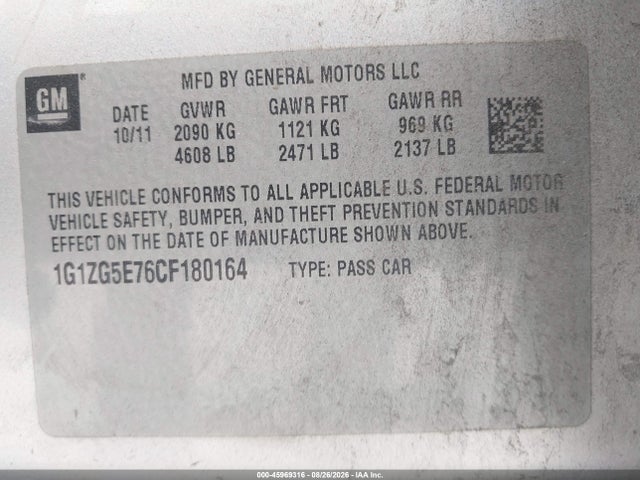 45969316 :رقم المزاد ، 1G1ZG5E76CF180164 vin ، 2012 Chevrolet Malibu 2lz مزاد بيع