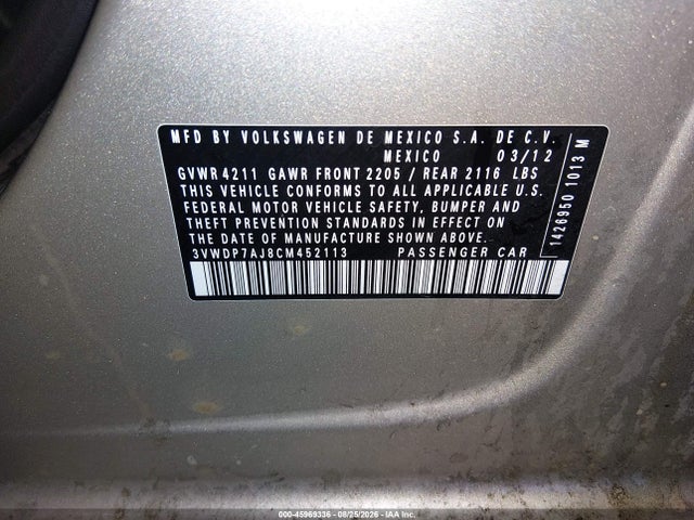 2012 Volkswagen Jetta 2.5l Se მანქანა იყიდება აუქციონზე, vin: 3VWDP7AJ8CM452113, აუქციონის ნომერი: 45969336