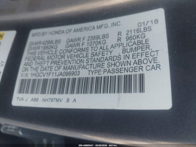 2018 Honda Accord Lx მანქანა იყიდება აუქციონზე, vin: 1HGCV1F11JA096903, აუქციონის ნომერი: 45969347