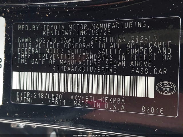 2026 Toyota Camry Xse მანქანა იყიდება აუქციონზე, vin: 4T1DAACK0TU769043, აუქციონის ნომერი: 45969351