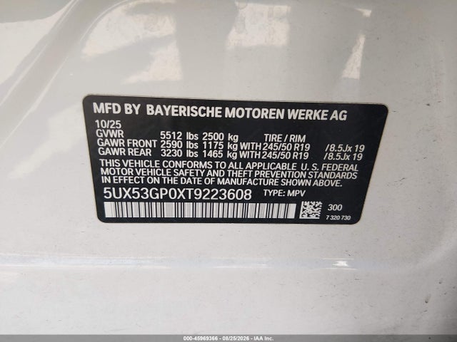 Aukcja sprzedaży 2026 Bmw X3 30 Xdrive, vin: 5UX53GP0XT9223608, numer aukcji: 45969366
