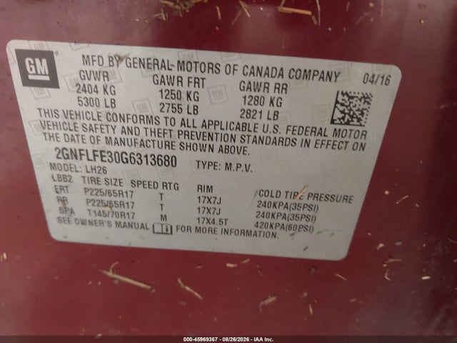 2016 Chevrolet Equinox Lt მანქანა იყიდება აუქციონზე, vin: 2GNFLFE30G6313680, აუქციონის ნომერი: 45969367
