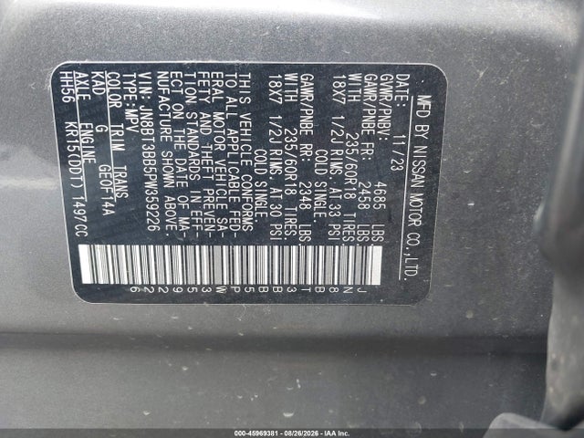 2023 Nissan Rogue Sv Intelligent Awd მანქანა იყიდება აუქციონზე, vin: JN8BT3BB5PW359226, აუქციონის ნომერი: 45969381