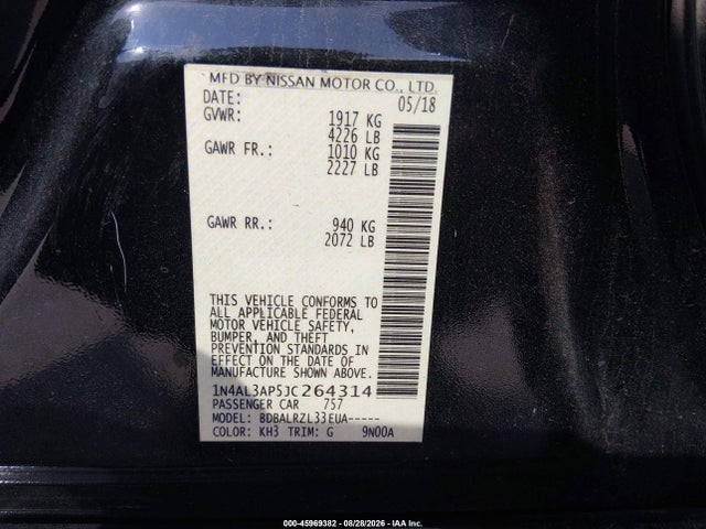 Aukcja sprzedaży 2018 Nissan Altima 2.5/s/sv/sl/sr, vin: 1N4AL3AP5JC264314, numer aukcji: 45969382