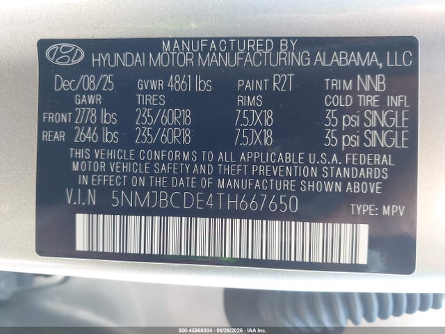 5NMJBCDE4TH667650 Hyundai TUCSON SEL