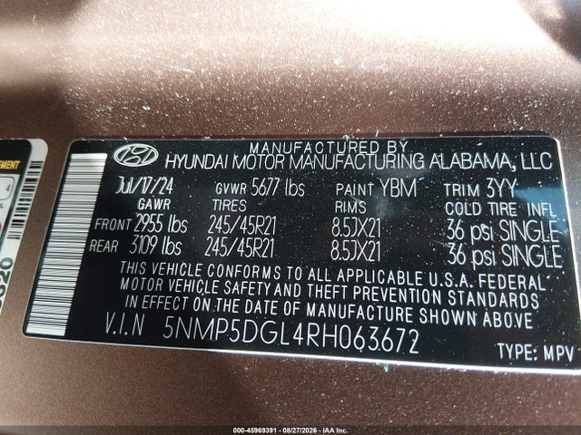 Продажа на аукционе авто 2024 Hyundai Santa Fe Calligraphy, vin: 5NMP5DGL4RH063672, номер лота: 45969391