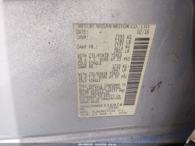 Продаж на аукціоні авто 2016 Nissan Murano Sl, vin: 5N1AZ2MH6GN116978, номер лоту: 45969392