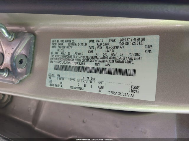 2017 Ford Escape Titanium მანქანა იყიდება აუქციონზე, vin: 1FMCU0JD5HUB73256, აუქციონის ნომერი: 45969406