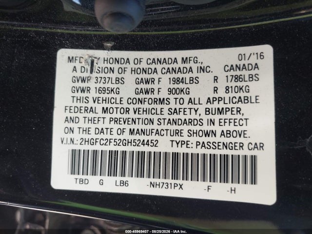 Honda Civic Lx 2016 2HGFC2F52GH524452 Image 9