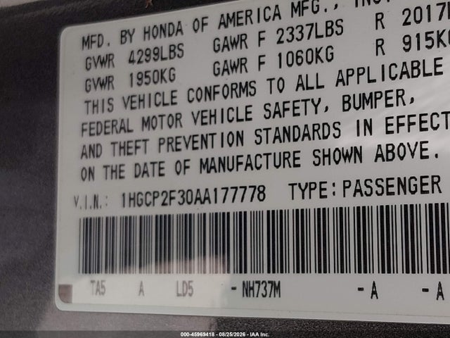 45969418 :رقم المزاد ، 1HGCP2F30AA177778 vin ، 2010 Honda Accord 2.4 Lx مزاد بيع