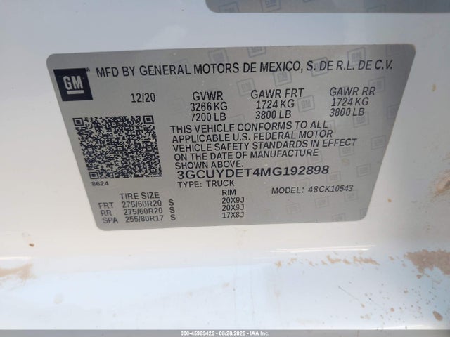 Продаж на аукціоні авто 2021 Chevrolet Silverado 1500, vin: 3GCUYDET4MG192898, номер лоту: 45969426