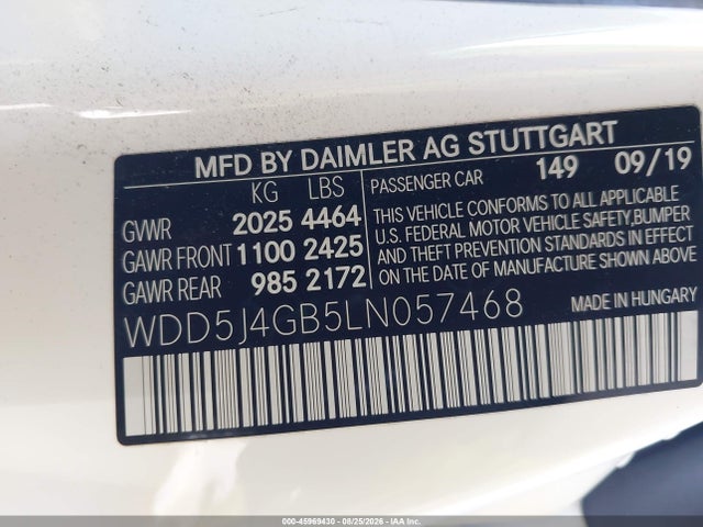 Aukcja sprzedaży 2020 Mercedes-benz Cla 250, vin: WDD5J4GB5LN057468, numer aukcji: 45969430