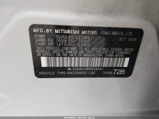 Aukcja sprzedaży 2024 Mitsubishi Mirage Es/le, vin: ML32AUHJ0RH034421, numer aukcji: 45969442