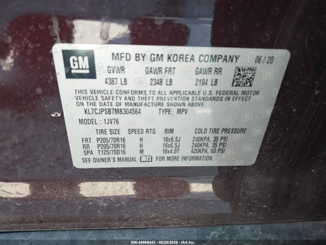 Продажа на аукционе авто 2021 Chevrolet Trax Awd Lt, vin: KL7CJPSB7MB304564, номер лота: 45969443