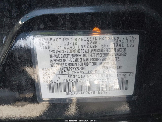 Продаж на аукціоні авто 2019 Nissan Sentra S, vin: 3N1AB7AP7KY246896, номер лоту: 45969456