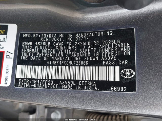 45969473 :رقم المزاد ، 4T1BF1FK0HU726866 vin ، 2017 Toyota Camry Se مزاد بيع