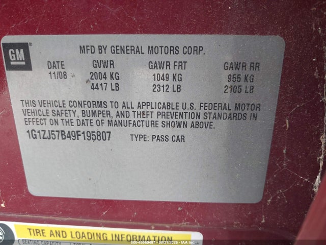 45969487 :رقم المزاد ، 1G1ZJ57B49F195807 vin ، 2009 Chevrolet Malibu Lt مزاد بيع