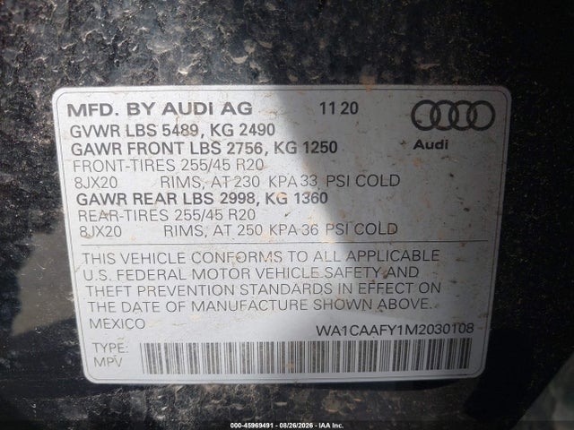 Aukcja sprzedaży 2021 Audi Q5 Prestige 45 Tfsi Quattro S Tronic, vin: WA1CAAFY1M2030108, numer aukcji: 45969491