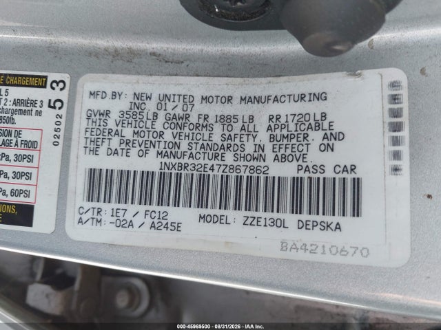 Aukcja sprzedaży 2007 Toyota Corolla S, vin: 1NXBR32E47Z867862, numer aukcji: 45969500
