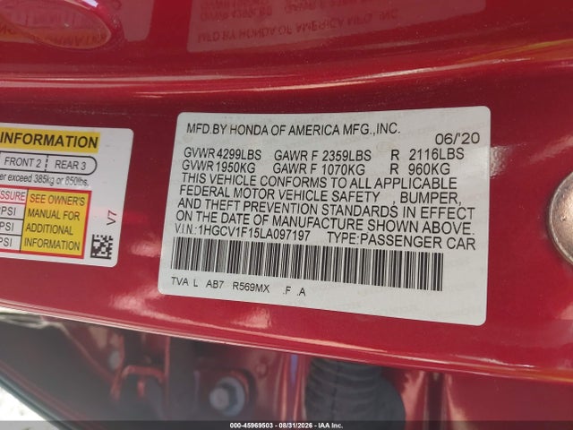 45969503 :رقم المزاد ، 1HGCV1F15LA097197 vin ، 2020 Honda Accord Lx مزاد بيع