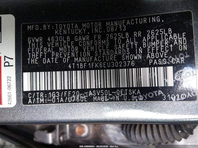 45969504 :رقم المزاد ، 4T1BF1FK6EU302376 vin ، 2014 Toyota Camry Se مزاد بيع
