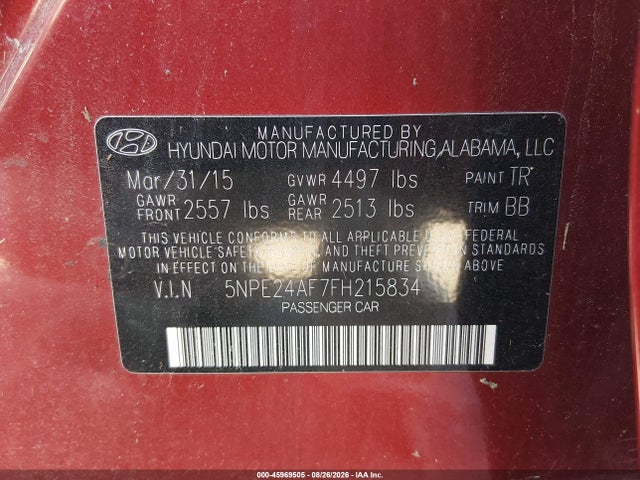 Продажа на аукционе авто 2015 Hyundai Sonata Se, vin: 5NPE24AF7FH215834, номер лота: 45969505
