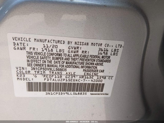 Aukcja sprzedaży 2020 Nissan Kicks Sr Xtronic Cvt, vin: 3N1CP5DV9LL568835, numer aukcji: 45969522
