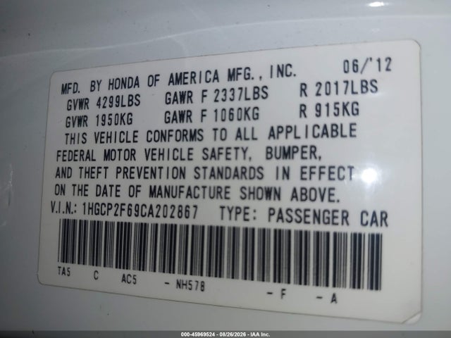 45969524 :رقم المزاد ، 1HGCP2F69CA202867 vin ، 2012 Honda Accord 2.4 Se مزاد بيع