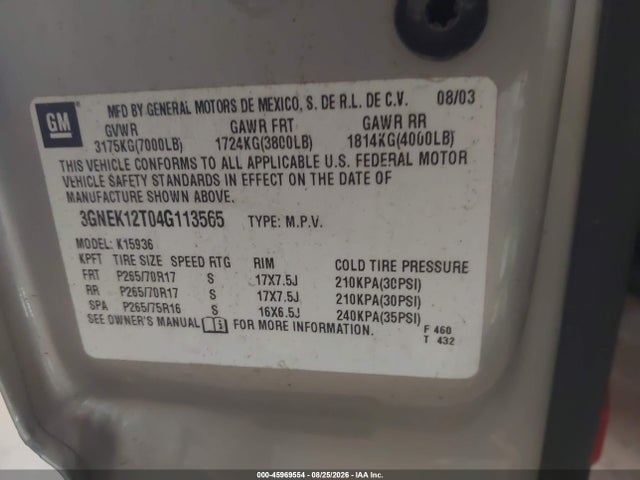45969554 :رقم المزاد ، 3GNEK12T04G113565 vin ، 2004 Chevrolet Avalanche 1500 مزاد بيع