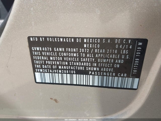 45969581 :رقم المزاد ، 3VW2K7AJ9EM288105 vin ، 2014 Volkswagen Jetta 2.0l S مزاد بيع