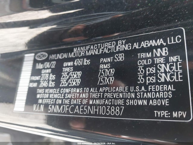 Aukcja sprzedaży 2022 Hyundai Tucson Sel, vin: 5NMJFCAE5NH103887, numer aukcji: 45969588