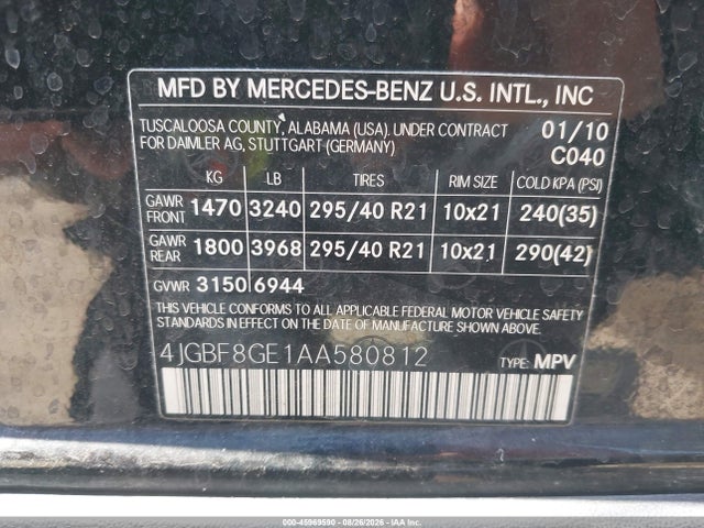 2010 Mercedes-benz Gl 550 4matic მანქანა იყიდება აუქციონზე, vin: 4JGBF8GE1AA580812, აუქციონის ნომერი: 45969590