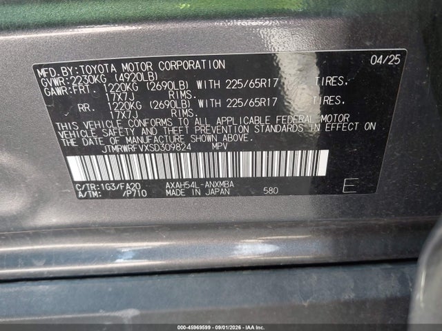 2025 Toyota Rav4 Hybrid Xle მანქანა იყიდება აუქციონზე, vin: JTMRWRFVXSD309824, აუქციონის ნომერი: 45969599
