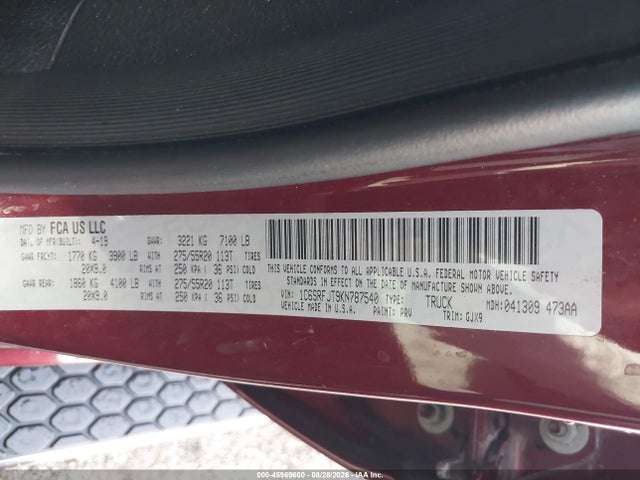 Продажа на аукционе авто 2019 Ram 1500 Laramie  4x4 5'7 Box, vin: 1C6SRFJT9KN787540, номер лота: 45969600