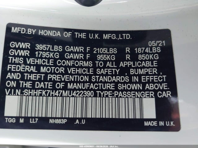 SHHFK7H47MU422390 Honda Civic Sport