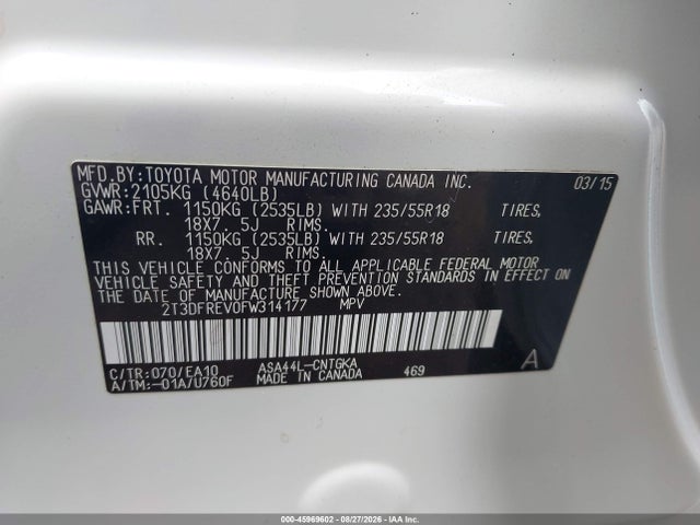 Toyota Rav4 Limited 2015 2T3DFREV0FW314177 Image 9